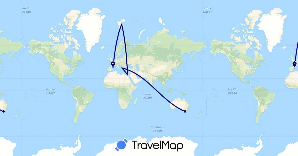 TravelMap itinerary: driving in Albania, Australia, Egypt, Spain, Norway (Africa, Europe, Oceania)
